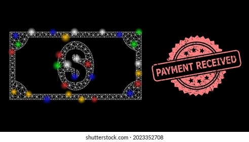 Bright mesh network usd banknote with bright dots, and Payment Received unclean rosette seal print. Illuminated vector model created from usd banknote icon.