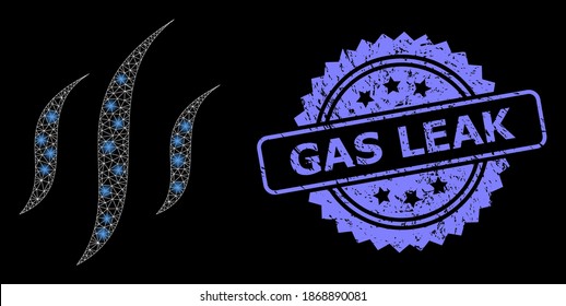 Bright mesh network vapor with lightspots, and Gas Leak textured rosette stamp seal. Illuminated vector model created from vapor icon. Blue stamp includes Gas Leak caption inside rosette.