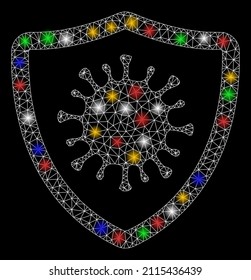 Bright mesh network virus shield icon with colored glowing spots. Illuminated vector mesh created from virus shield symbol. Sparkle carcass mesh polygonal virus shield.