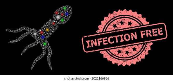 Helle Netzwerk-Virus-Struktur mit Leuchtpunkten und Infektion Free korrodierte Rosette Stempel-Siegel. Illuminierte Vektorkonstellation, die aus dem Symbol der Virusstruktur erstellt wurde.