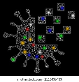 Icono de síntesis de virus de red de malla brillante con puntos de luz de color. Malla vectorial iluminada creada a partir del icono de síntesis de virus. Sparkle carcass malla síntesis de virus poligonales.