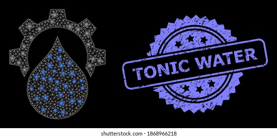 Bright mesh network water supply service gear with light spots, and Tonic Water scratched rosette seal. Illuminated vector model created from water supply service gear icon.