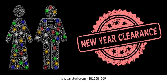 Bright mesh network wedding emotions with flash nodes, and New Year Clearance textured rosette seal print. Illuminated vector model created from wedding emotions pictogram.