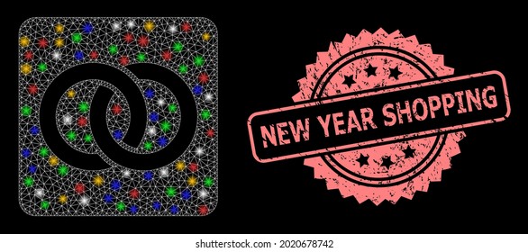 Bright mesh network wedding rings with lightspots, and New Year Shopping dirty rosette seal imitation. Illuminated vector mesh created from wedding rings icon.