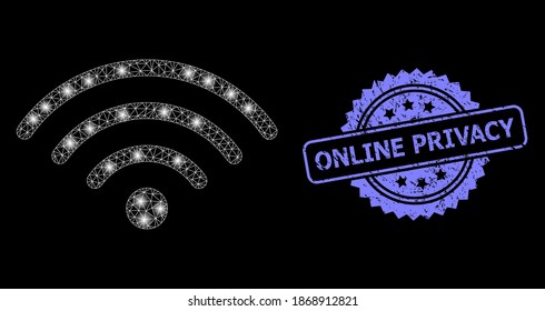 Bright mesh network Wi-Fi source with lightspots, and Online Privacy dirty rosette stamp seal. Illuminated vector constellation created from Wi-Fi source icon.