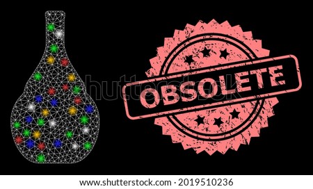 Bright mesh network wine jug with glowing spots, and Obsolete grunge rosette seal. Illuminated vector mesh created from wine jug pictogram. Pink stamp includes Obsolete text inside rosette.