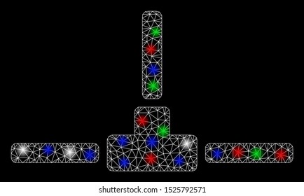 Bright mesh network wire connection with lightspot effect. White wire carcass triangular mesh in vector format on a black background. Abstract 2d mesh designed with polygonal grid, spheric points,