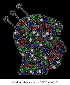 Bright mesh neural interface connectors with lightspot effect. White wire frame polygonal mesh in vector format on a black background. Abstract 2d mesh designed with polygonal grid, dots,