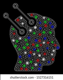 Bright mesh neural interface connectors with glare effect. White wire frame triangular mesh in vector format on a black background. Abstract 2d mesh designed with triangular lines, spheric points,