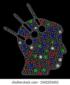 Bright mesh neural interface with glow effect. White wire frame polygonal mesh in vector format on a black background. Abstract 2d mesh built from polygonal grid, dots, colored flash spots.