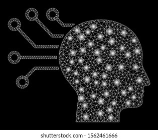 Bright mesh neural interface with glow effect. Abstract illuminated model of neural interface icon. Shiny wire carcass triangular mesh neural interface. Vector abstraction on a black background.