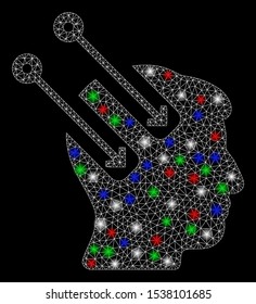 Bright mesh neural interface with lightspot effect. White wire carcass triangular mesh in vector format on a black background. Abstract 2d mesh designed with polygonal grid, round dots,