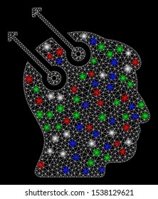 Bright mesh neural interface plugs with glow effect. White wire carcass polygonal mesh in vector format on a black background. Abstract 2d mesh created from polygonal grid, spheric points,