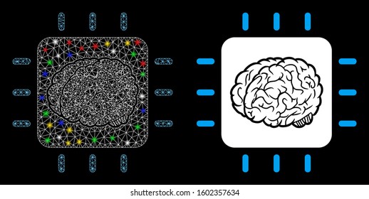 Bright mesh neural processor icon with glare effect. Abstract illuminated model of neural processor. Shiny wire carcass triangular mesh neural processor icon. Vector abstraction on a black background.