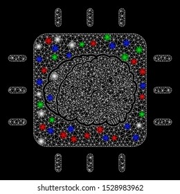 Bright mesh neural processor with lightspot effect. White wire frame triangular mesh in vector format on a black background. Abstract 2d mesh designed with triangular lines, small circle,