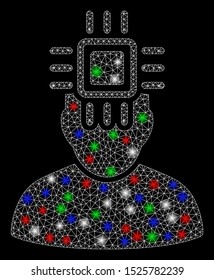 Bright mesh neuro interface with glow effect. White wire carcass polygonal mesh in vector format on a black background. Abstract 2d mesh designed with triangles, dots, colorful flash spots.