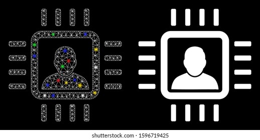 Bright mesh neuro processor icon with sparkle effect. Abstract illuminated model of neuro processor. Shiny wire carcass polygonal mesh neuro processor icon. Vector abstraction on a black background.