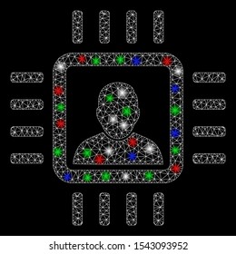 Bright mesh neuro processor with lightspot effect. White wire frame polygonal mesh in vector format on a black background. Abstract 2d mesh designed with polygonal grid, dots, colorful glare spots.