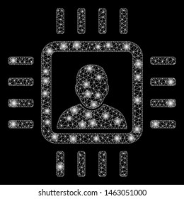 Bright mesh neuro processor with sparkle effect. Abstract illuminated model of neuro processor icon. Shiny wire frame polygonal network neuro processor. Vector abstraction on a black background.