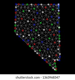 Bright mesh Nevada State map with lightspot effect. Wire frame polygonal mesh in vector format on a black background. Abstract 2d mesh designed with polygonal grid, round dots, colored flash spots.