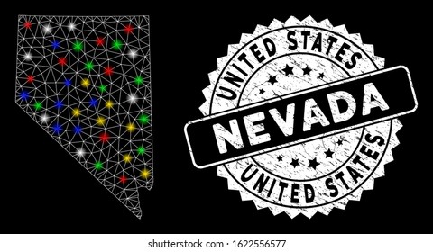 Bright mesh Nevada State map with glare effect, and seal stamp. Wire carcass triangular Nevada State map network in vector format on a black background.