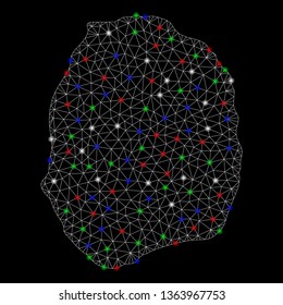 Bright mesh Nevis Island map with glow effect. Wire frame triangular mesh in vector format on a black background. Abstract 2d mesh designed with polygonal grid, dots, colorful flash spots.