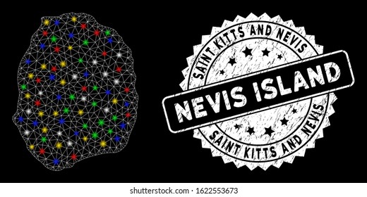Bright mesh Nevis Island map with glow effect, and seal stamp. Wire carcass polygonal Nevis Island map mesh in vector format on a black background. White round seal stamp with dirty surface.