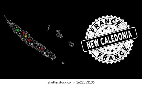 Bright mesh New Caledonia Islands map with lightspot effect, and rubber print. Wire frame triangular New Caledonia Islands map mesh in vector format on a black background.