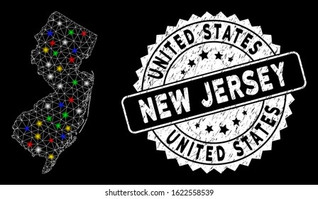 Bright mesh New Jersey State map with glow effect, and watermark. Wire frame polygonal New Jersey State map mesh in vector format on a black background. White round seal with grunged texture.
