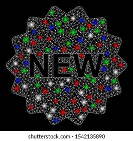 Bright mesh new with lightspot effect. White wire carcass triangular mesh in vector format on a black background. Abstract 2d mesh designed with triangular lines, points, colorful light spots.