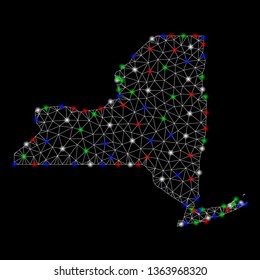 Bright mesh New York State map with glare effect. Wire carcass triangular mesh in vector format on a black background. Abstract 2d mesh built from triangular lines, round dots, colorful glare spots.