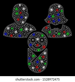 Bright mesh newborn with glare effect. White wire carcass polygonal mesh in vector format on a black background. Abstract 2d mesh built from triangles, small circle, colorful glare spots.