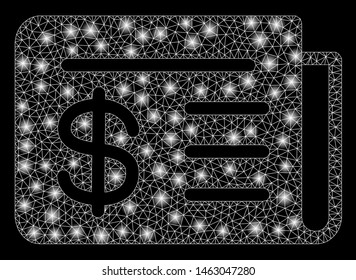 Bright mesh news with glitter effect. Abstract illuminated model of news icon. Shiny wire carcass polygonal network news. Vector abstraction on a black background.