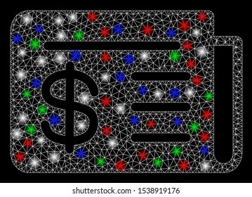 Bright mesh news with lightspot effect. White wire carcass polygonal mesh in vector format on a black background. Abstract 2d mesh designed with polygonal grid, dots, colorful flare spots.