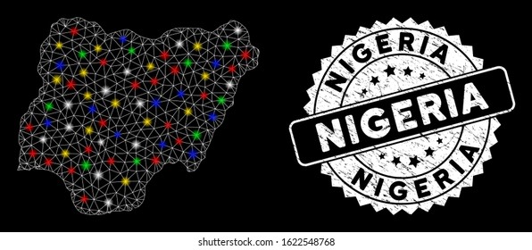 Bright mesh Nigeria map with glow effect, and seal stamp. Wire frame polygonal Nigeria map mesh in vector format on a black background. White round seal stamp with grunge textures.