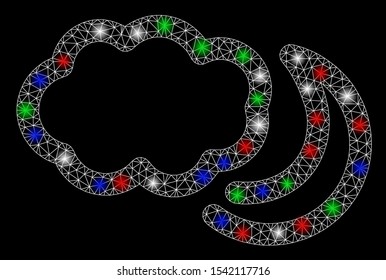 Bright mesh night clouds with glow effect. White wire carcass triangular mesh in vector format on a black background. Abstract 2d mesh designed with triangular lines, points, colored light spots.