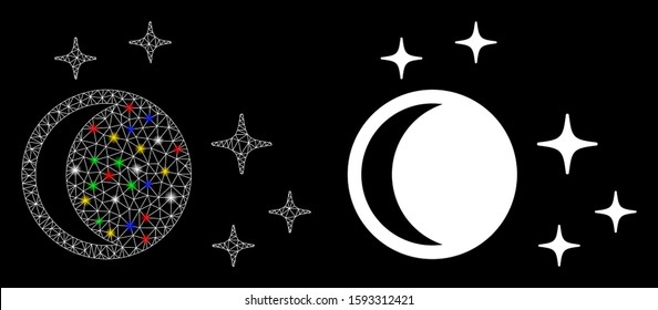 Bright mesh night icon with lightspot effect. Abstract illuminated model of night. Shiny wire frame polygonal mesh night icon. Vector abstraction on a black background.