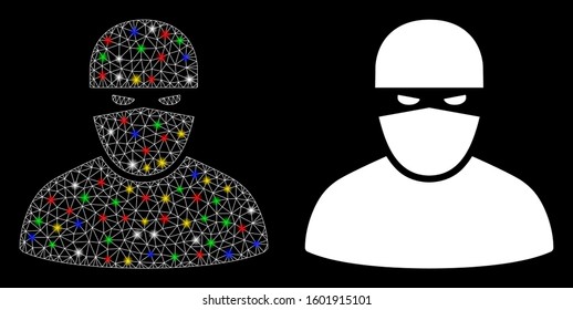 Bright mesh ninja icon with glare effect. Abstract illuminated model of ninja. Shiny wire frame triangular mesh ninja icon. Vector abstraction on a black background.