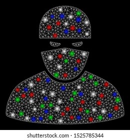Bright mesh ninja with lightspot effect. White wire carcass polygonal mesh in vector format on a black background. Abstract 2d mesh designed with polygonal grid, dots, colorful glare spots.
