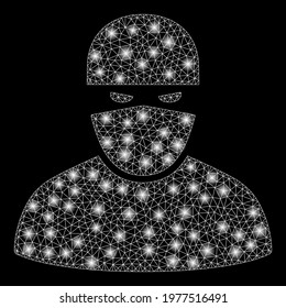 Bright mesh ninja with sparkle effect. Abstract illuminated model of ninja icon. Shiny wire carcass triangular mesh ninja. Vector abstraction on a black background.