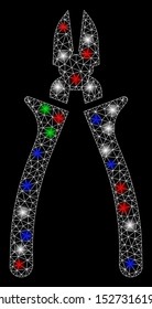 Bright mesh nippers with lightspot effect. White wire frame triangular mesh in vector format on a black background. Abstract 2d mesh designed with polygonal grid, spheric points, colored glare spots.