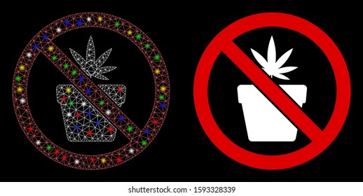 Bright mesh no cannabis pot icon with sparkle effect. Abstract illuminated model of no cannabis pot. Shiny wire carcass triangular mesh no cannabis pot icon. Vector abstraction on a black background.