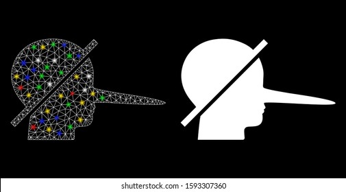 Bright mesh no liars icon with glare effect. Abstract illuminated model of no liars. Shiny wire frame triangular mesh no liars icon. Vector abstraction on a black background.