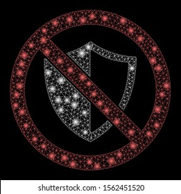 Bright mesh no shield with glow effect. Abstract illuminated model of no shield icon. Shiny wire carcass triangular mesh no shield. Vector abstraction on a black background.