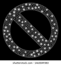 Bright mesh no sign with glare effect. Abstract illuminated model of no sign icon. Shiny wire carcass triangular mesh no sign. Vector abstraction on a black background.