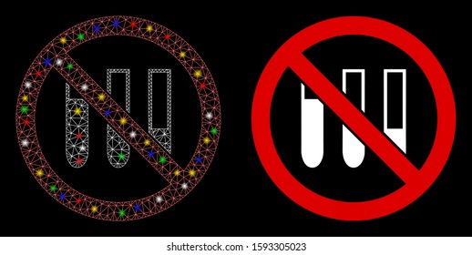 Bright mesh no test-tubes icon with glitter effect. Abstract illuminated model of no test-tubes. Shiny wire frame triangular network no test-tubes icon. Vector abstraction on a black background.