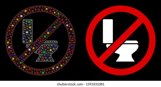 Bright Mesh No Toilet Bowl Icon With Sparkle Effect. Abstract Illuminated Model Of No Toilet Bowl. Shiny Wire Frame Polygonal Mesh No Toilet Bowl Icon. Vector Abstraction On A Black Background.