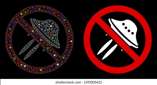 Bright mesh no UFO flights icon with lightspot effect. Abstract illuminated model of no UFO flights. Shiny wire frame triangular mesh no UFO flights icon. Vector abstraction on a black background.