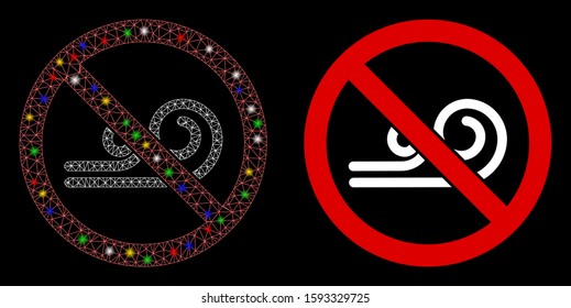 Bright mesh no wind icon with glitter effect. Abstract illuminated model of no wind. Shiny wire frame triangular mesh no wind icon. Vector abstraction on a black background.