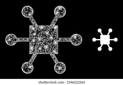 Helle Maschenknotennabe mit Leuchtpunkten. Lineares 2D-Netzwerk, das durch Überqueren weißer Linien und Knotenknotensymbol generiert wird. Weiße Maschen- und glitzernde Maschenknoten auf schwarzem Hintergrund.